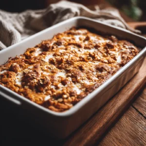 Pumpkin cream cheese baked oatmeal in ceramic pan