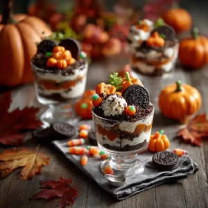 Top view of Halloween Pumpkin Patch Dirt Cups with crushed Oreos, candy pumpkins, and gummy worms.
