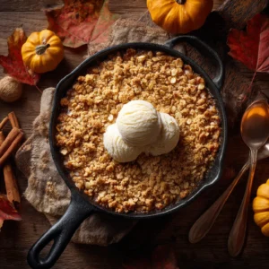 Overhead view of freshly baked pumpkin pie crisp topped with vanilla ice cream in a cast-iron skillet.