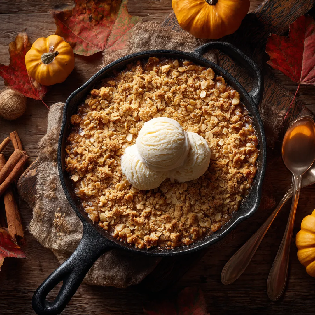 pumpkin-pie-crisp-skillet-overhead Overhead view of freshly baked pumpkin pie crisp topped with vanilla ice cream in a cast-iron skillet.