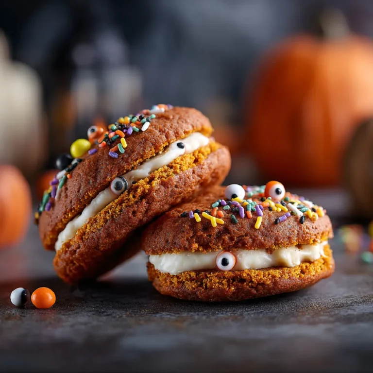 Halloween Whoopie Pies 3 Close-up of Halloween whoopie pies showing creamy filling and Halloween-themed sprinkles