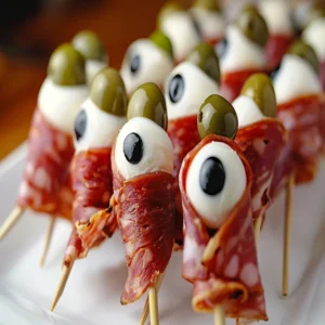 Halloween party platter with salami mozzarella eyeballs