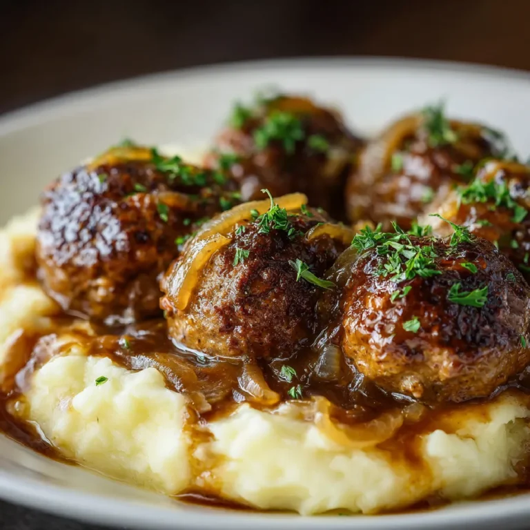 Slow Cooker Salisbury Steak Meatballs 3 Slow cooker Salisbury steak meatballs in gravy served with mashed potatoes