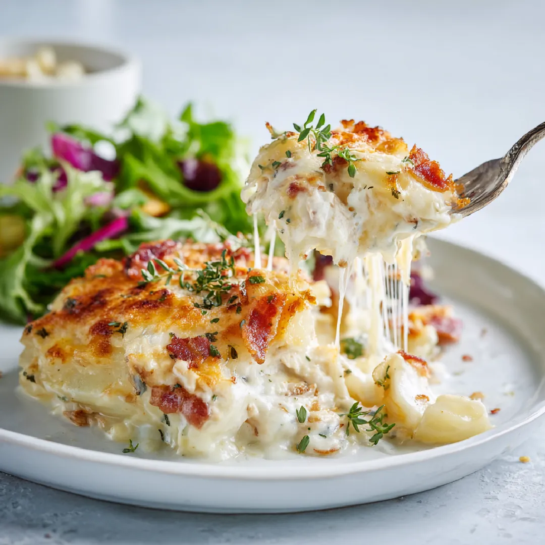 served-chicken-bacon-ranch-potato-casserole Served plate of chicken bacon ranch potato casserole