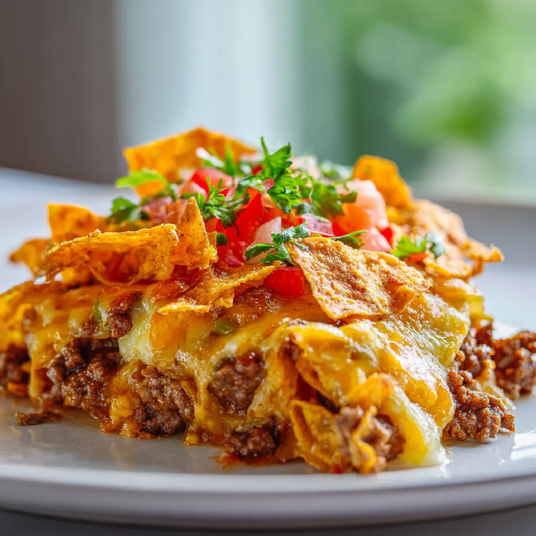 serving-dorito-casserole-ground-beef Slice of cheesy Dorito casserole served from baking dish