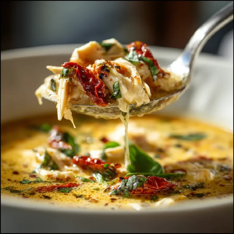 Marry Me Chicken Soup 3 Close-up of creamy chicken soup on spoon with shredded chicken and sun-dried tomatoes in golden broth.