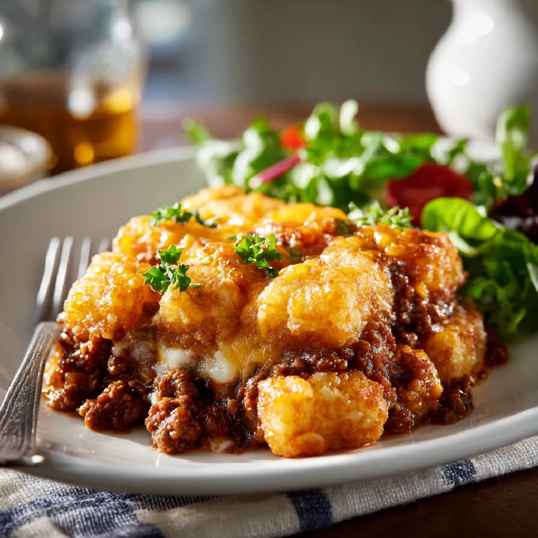 serving-sloppy-joe-tater-tot-casserole Serving of Sloppy Joe Tater Tot Casserole on a plate