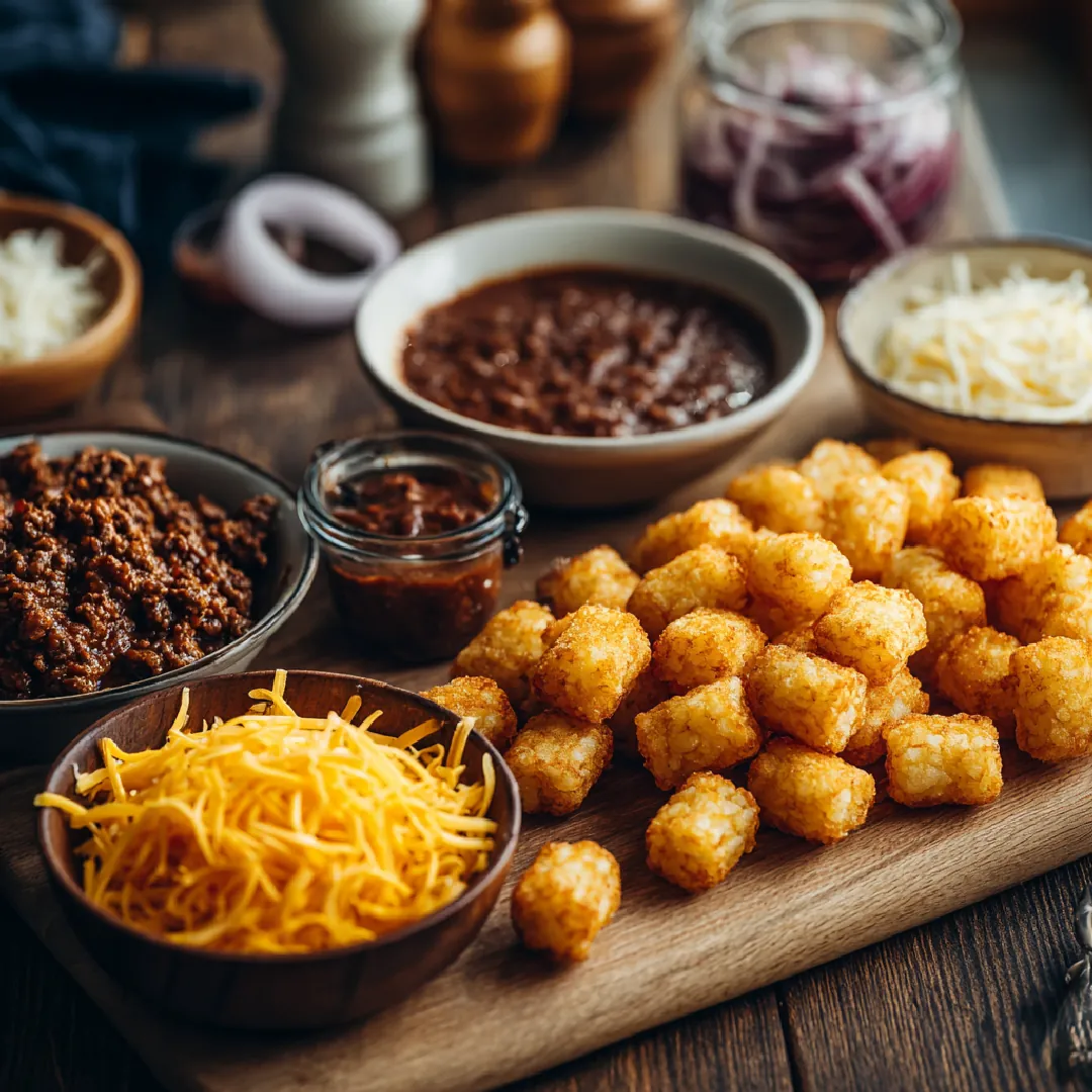 sloppy-joe-tater-tot-casserole-ingredients Sloppy Joe Tater Tot Casserole ingredients arranged on a table