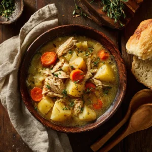 Slow cooker chicken stew in a bowl with carrots, potatoes, and herbs on a rustic table.