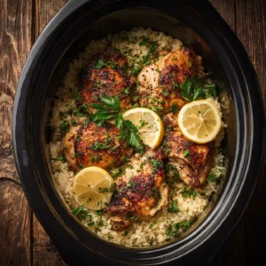 Overhead view of slow cooker lemon herb chicken and rice garnished with parsley and lemon slices on a rustic table.
