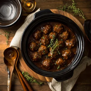 Salisbury steak meatballs covered in onion gravy fresh from the slow cooker