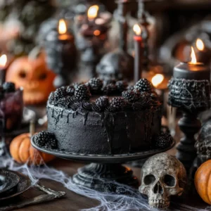 Spooky black velvet Halloween cake on a festive table with black frosting and eerie decorations