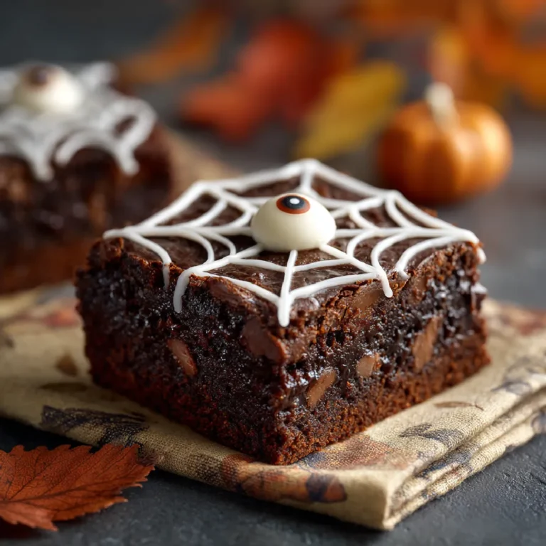 Halloween Brownies 3 Close-up of a spooky Halloween brownies topped with a candy eyeball and white spiderweb icing.