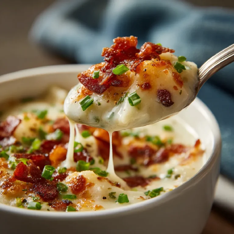 Loaded Potato Soup 3 Spoonful of loaded baked potato soup with cheese, bacon bits, and green onions