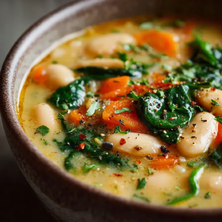 White Bean Soup 3 Close-up of creamy white bean soup with spinach and carrots
