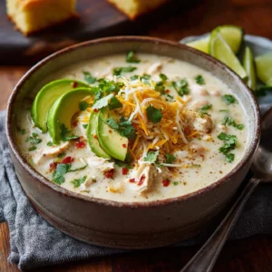 Rustic bowl of creamy white chicken chili with cheese, avocado, cilantro, and lime on a wooden table.