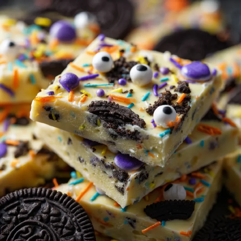 White Chocolate Halloween Oreo Bark 3 Close-up of white chocolate Halloween oreo bark with candy eyes, and festive sprinkles.