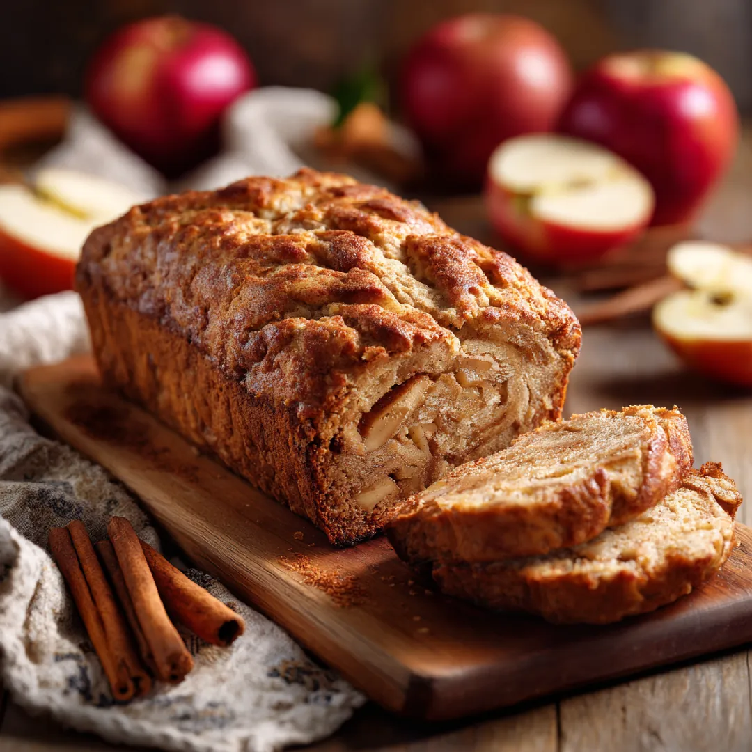 Apple Cinnamon Bread Freshly baked apple cinnamon bread loaf with slices cut on a wooden board
