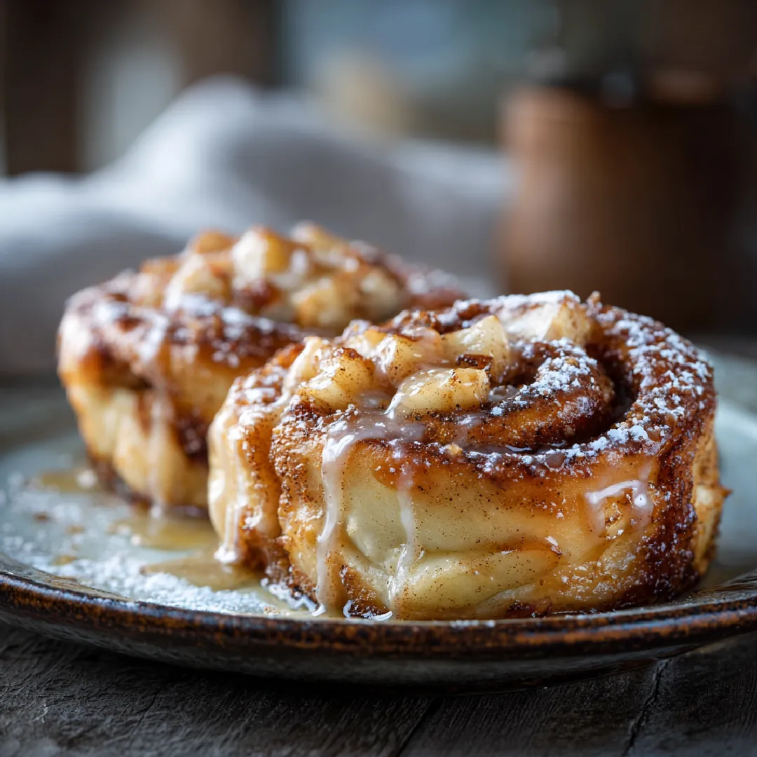 Apple Cinnamon Rolls Glazed apple cinnamon rolls topped with diced apples and powdered sugar.