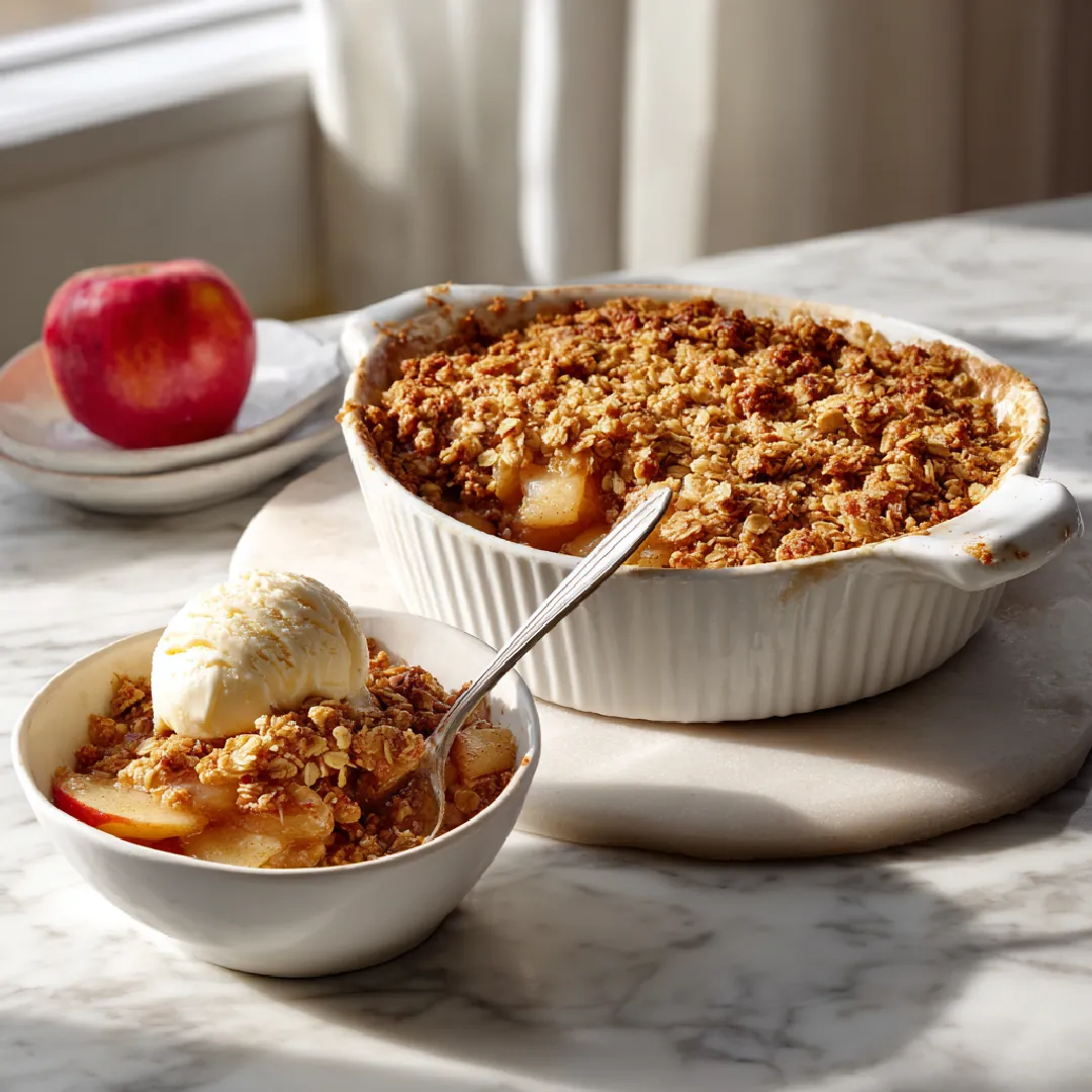 Apple Cobbler Golden apple cobbler with spiced baked apple filling in a white dish