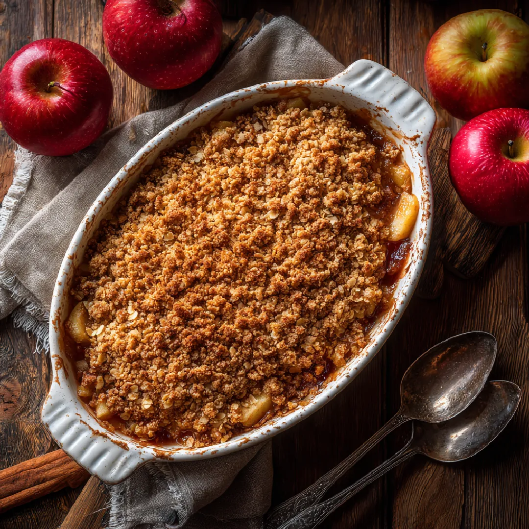 Apple Crisp Apple crisp with oat topping served in a white dish