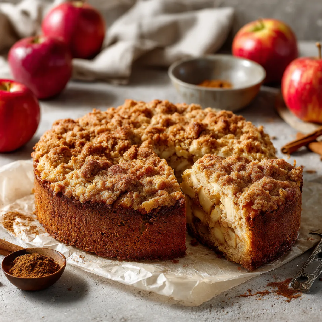 Apple Crumb Cake Apple crumb cake with streusel topping and slice cut out.