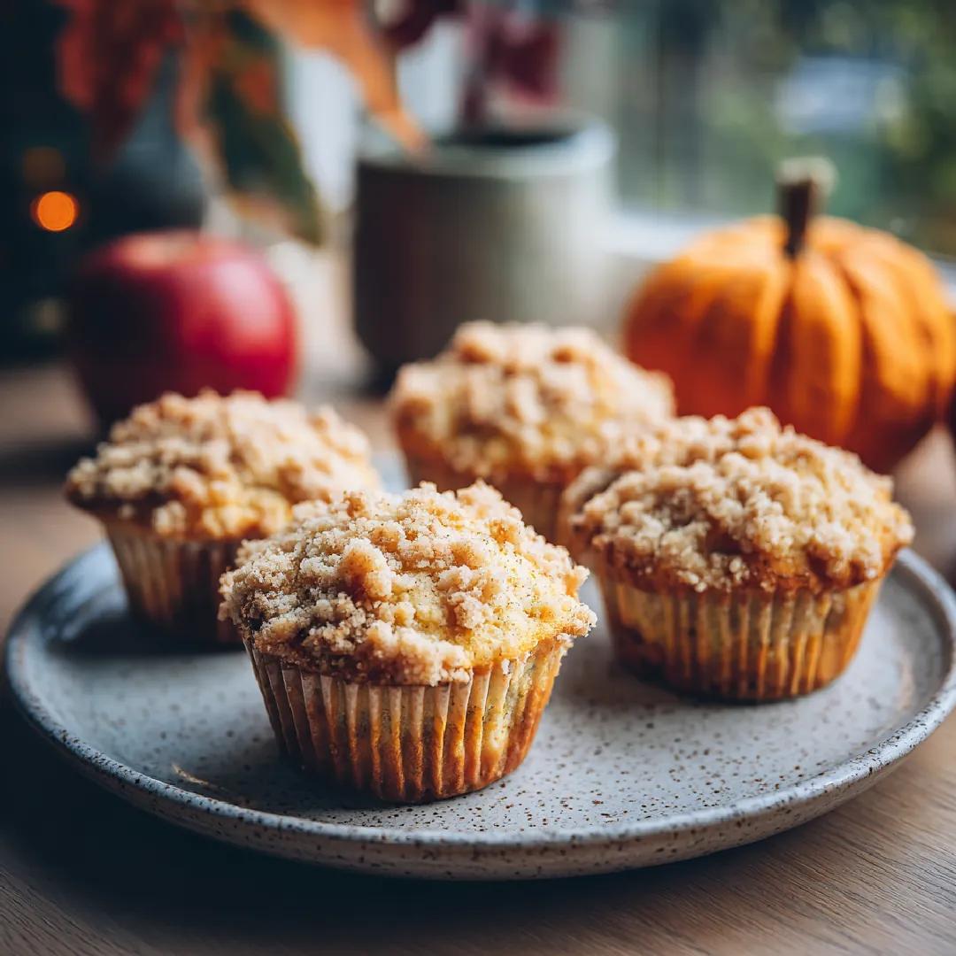 Apple Crumb Muffins Fresh apple crumb muffins on a plate with pumpkins in the background