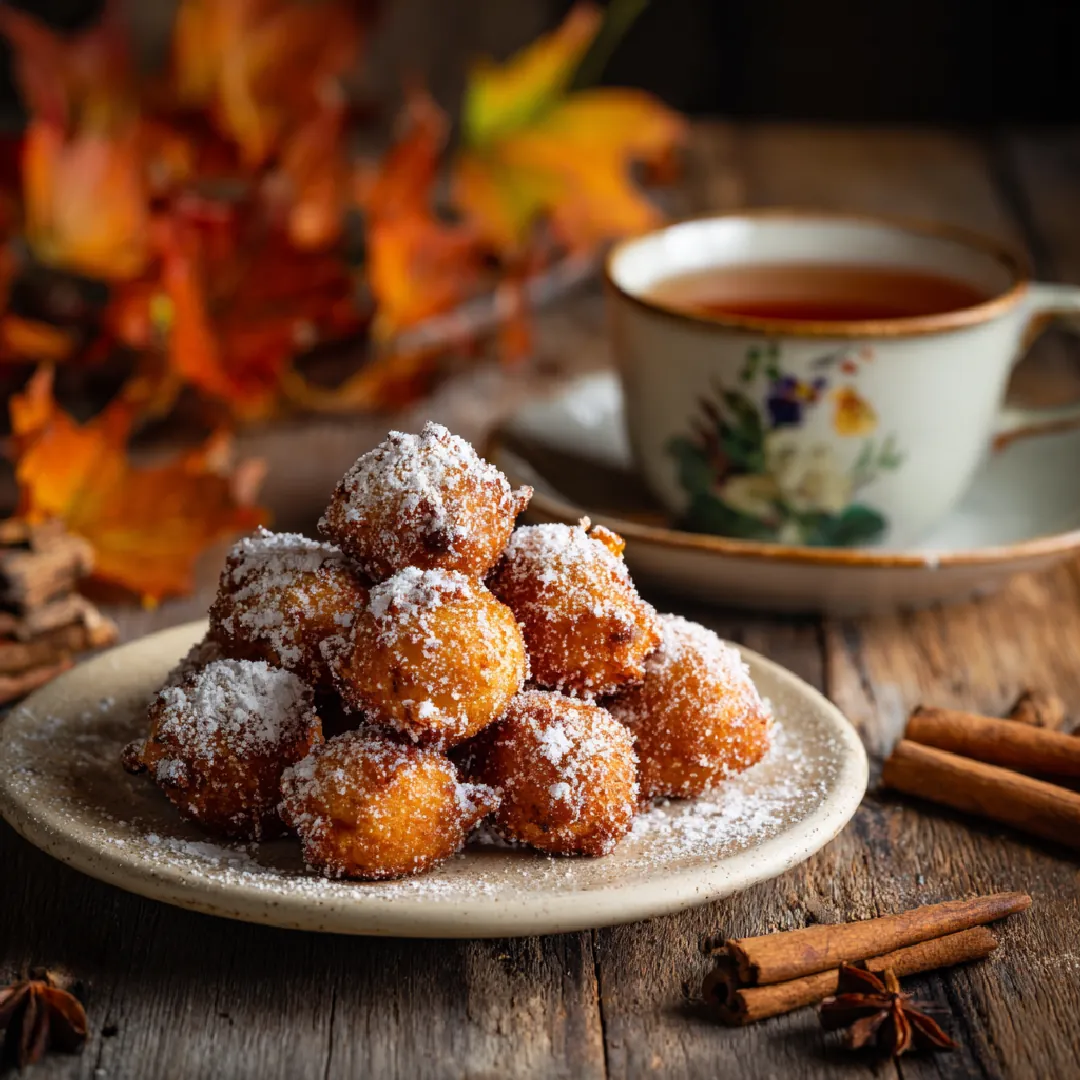 Apple Fritter Bites Pile of apple fritter bites dusted with powdered sugar beside a tea cup
