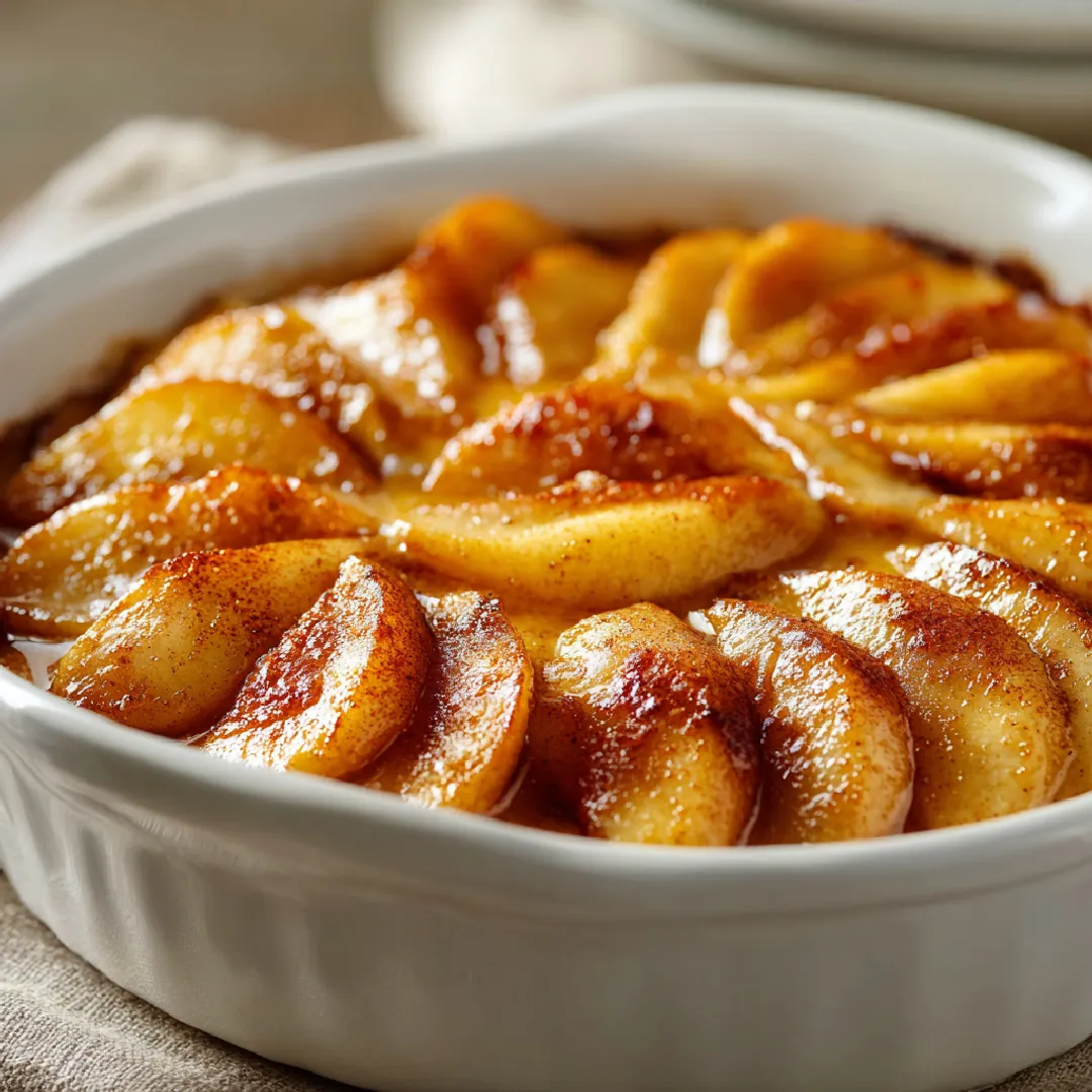 Baked Apple Slices Caramelized baked apple slices with cinnamon in a white dish