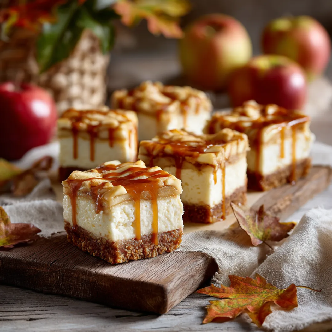 Caramel Apple Cheesecake Bars Caramel apple cheesecake bars with graham cracker crust and caramel drizzle.