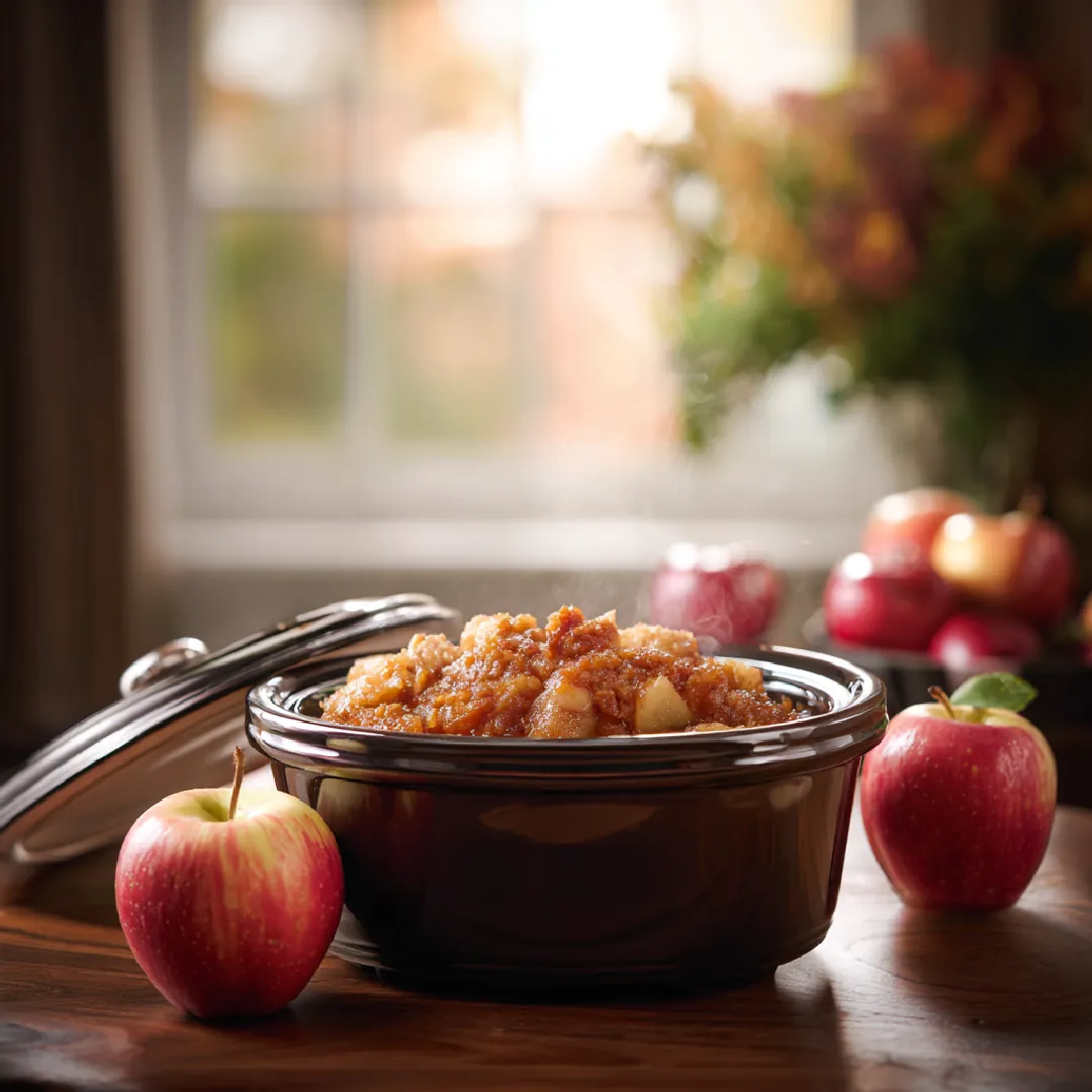 Crockpot Caramel Apple Dump Cake Crockpot caramel apple dump cake in a black slow cooker