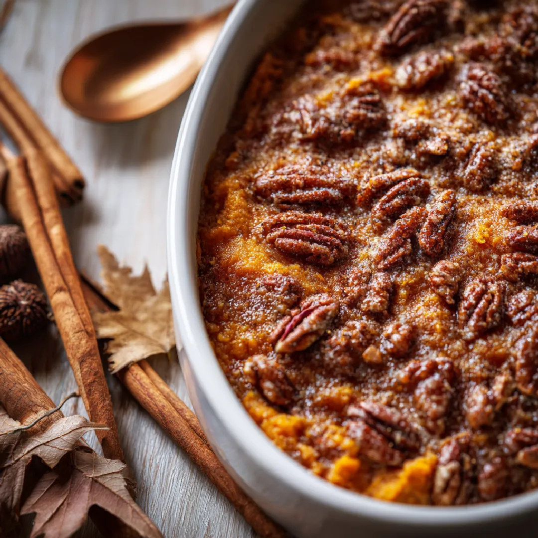 Maple Sweet Potato Casserole fresh out of the oven Baked maple sweet potato casserole with candied pecans in a white dish on a fall-themed table.