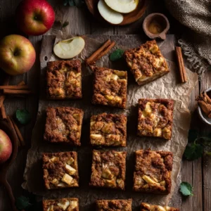 Apple brownies stacked with visible chunks on rustic background