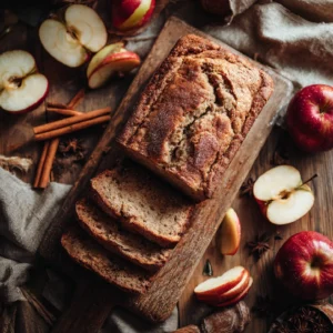 Overhead shot of apple cinnamon bread loaf with sliced apples and cinnamon sticks on a rustic wooden board