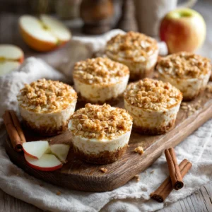 Apple Crisp Mini Cheesecakes with oat topping on rustic table