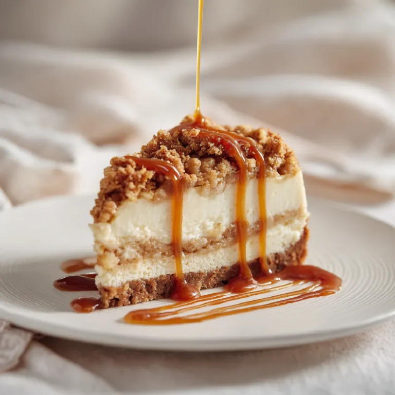 Apple Crumble Cheesecake 3 Slice of apple crumble cheesecake served