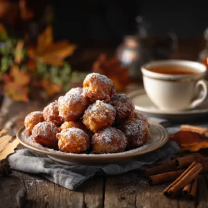Plate of golden mini apple fritter bites dusted with powdered sugar, styled for a cozy fall dessert scene.