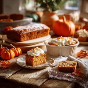 Assorted pumpkin recipes with mini pumpkins and fall decor
