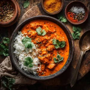 Homemade butter chicken served with rice and vegetables on a rustic table