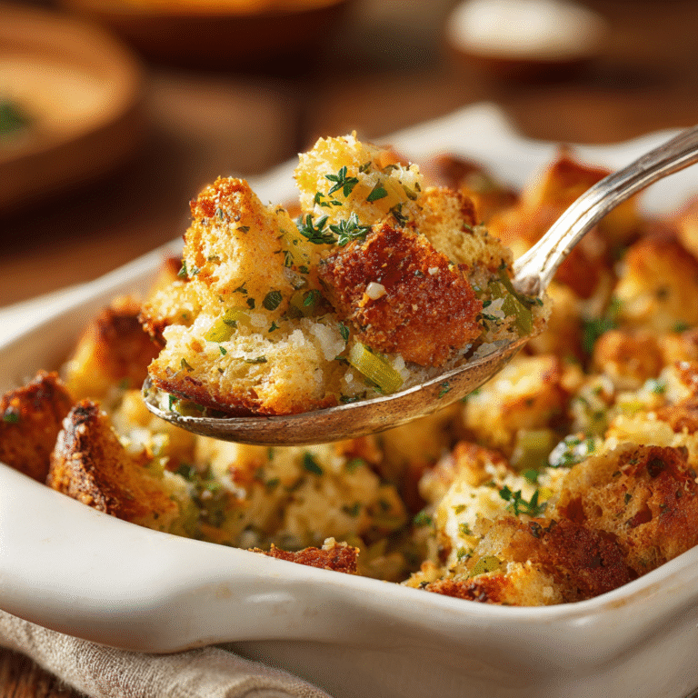 Thanksgiving Stuffing Recipe 3 Close-up of a spoonful of savory stuffing with golden crispy edges, herbs, and vegetables