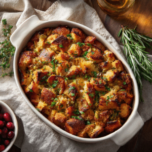Overhead view of golden baked homemade Thanksgiving stuffing in a white casserole dish, garnished with herbs.
