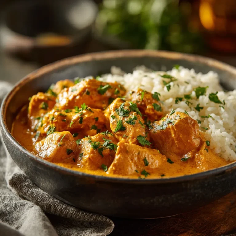 Homemade Butter Chicken 3 Close-up of creamy homemade butter chicken with fresh herbs