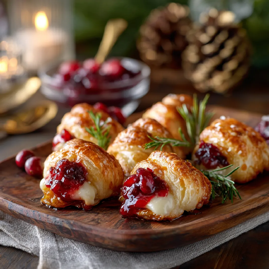 Overhead shot of crescent roll cranberry brie bites on a holiday serving tray