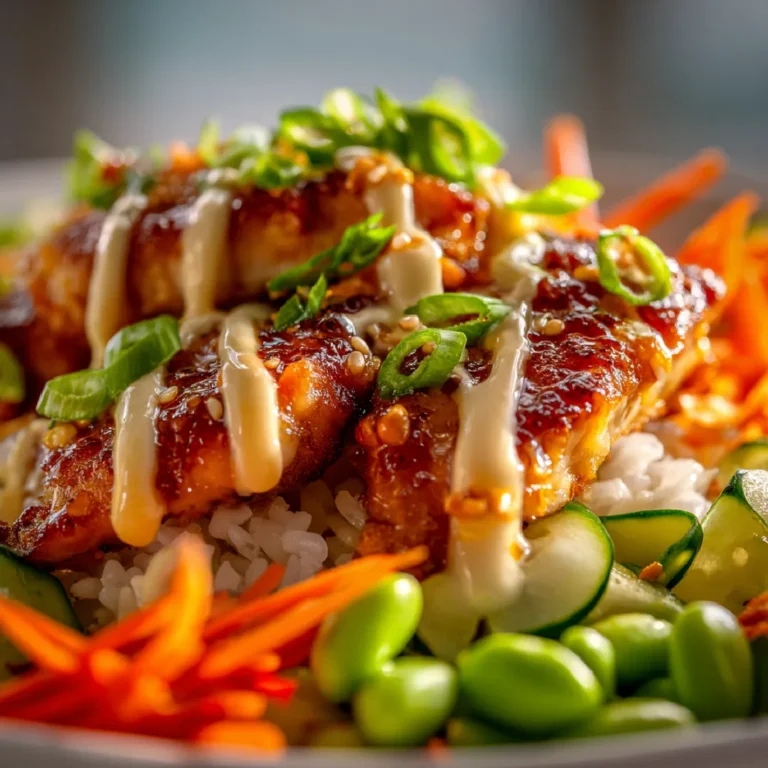 Bang Bang Chicken Bowl 3 Close-up of spicy Bang Bang Chicken with creamy sauce over rice and fresh vegetables.