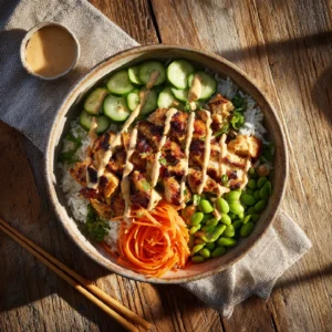 Top-down view of a Bang Bang Chicken Bowl with rice, grilled chicken, and colorful veggies in a summer setting.