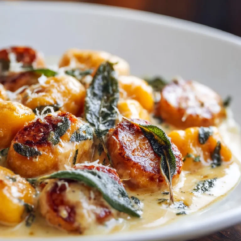 Butternut Squash Gnocchi with Sausage 3 Close-up of butternut squash gnocchi with sausage and creamy sauce topped with crispy sage
