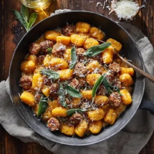 Overhead view of creamy butternut squash gnocchi with sausage and sage in a rustic pan