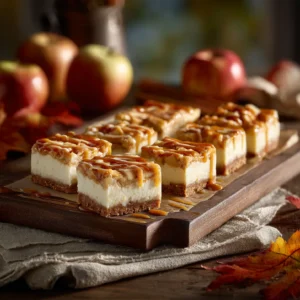 Caramel apple cheesecake bars sliced on a tray with apples and fall decor