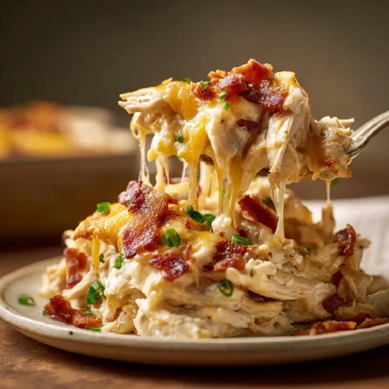 Crack Chicken Casserole Recipe 3 Close-up of a cheesy crack chicken casserole showing creamy chicken, bacon, and melted cheese.