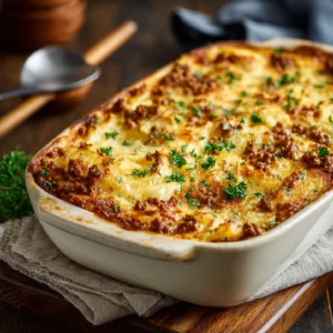 Overhead shot of baked cheesy ground beef and potato casserole in a rustic casserole dish, garnished with parsley
